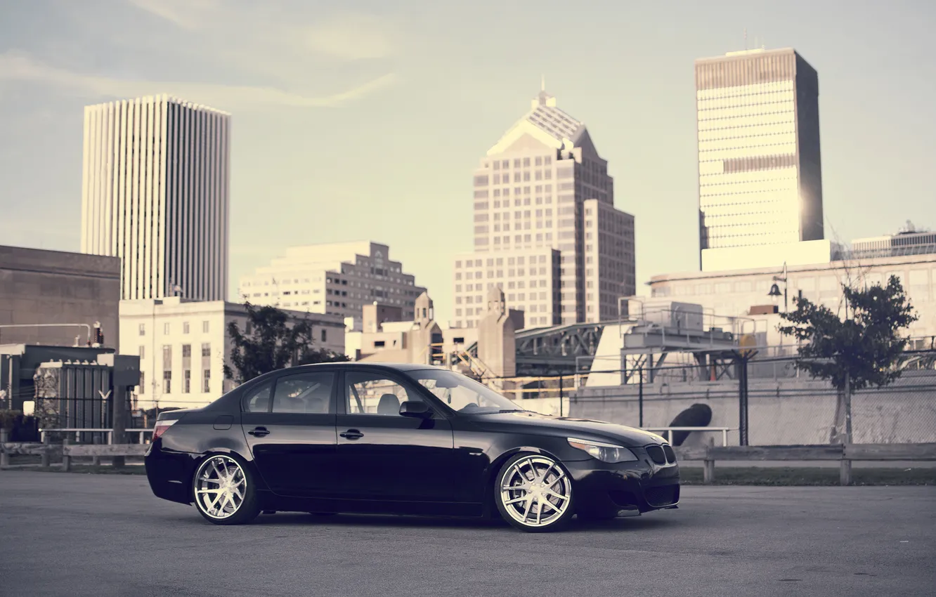 Photo wallpaper the city, black, BMW, BMW, black, megapolis, E60, 5 Series