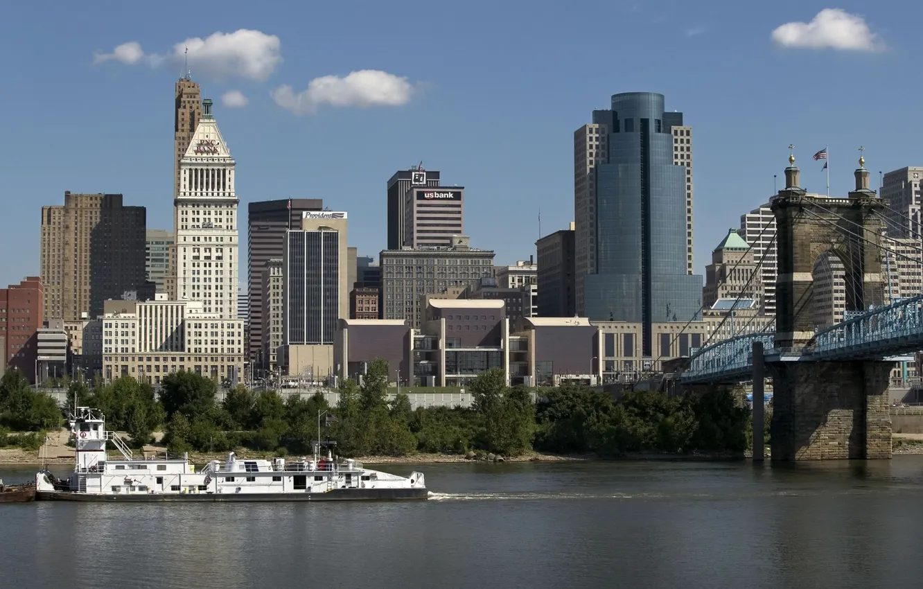 Photo wallpaper bridge, the city, building, skyscrapers, The ship, USA, Cincinnati