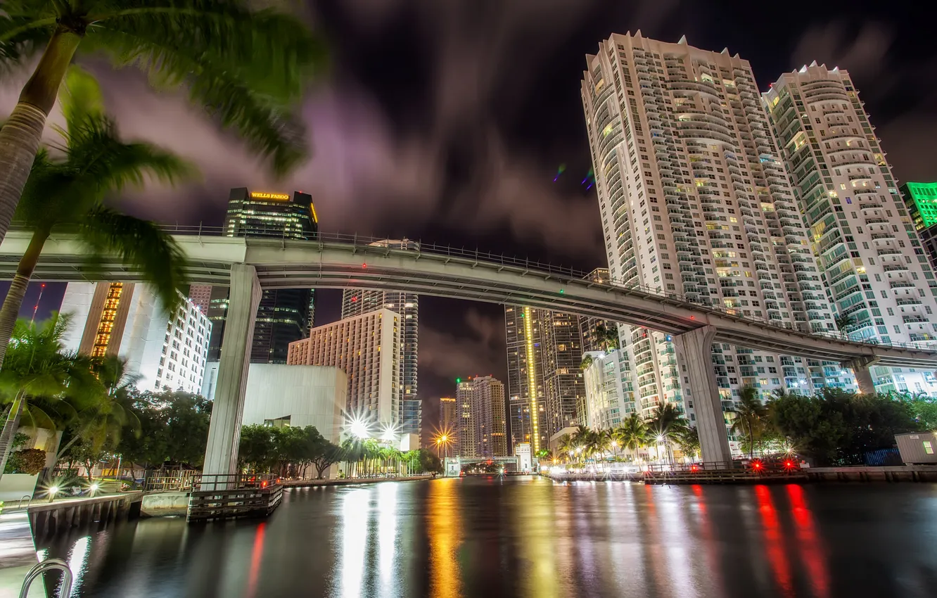 Photo wallpaper bridge, lights, reflection, palm trees, home, Miami, the evening, USA