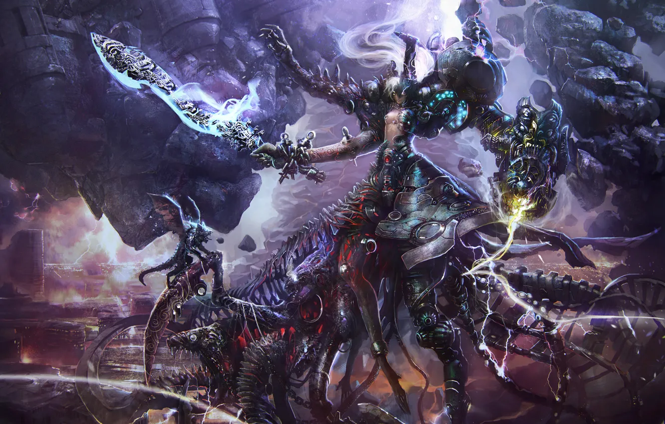 Photo wallpaper weapons, lightning, monster, sword, warrior, LIMBS, PROCESS