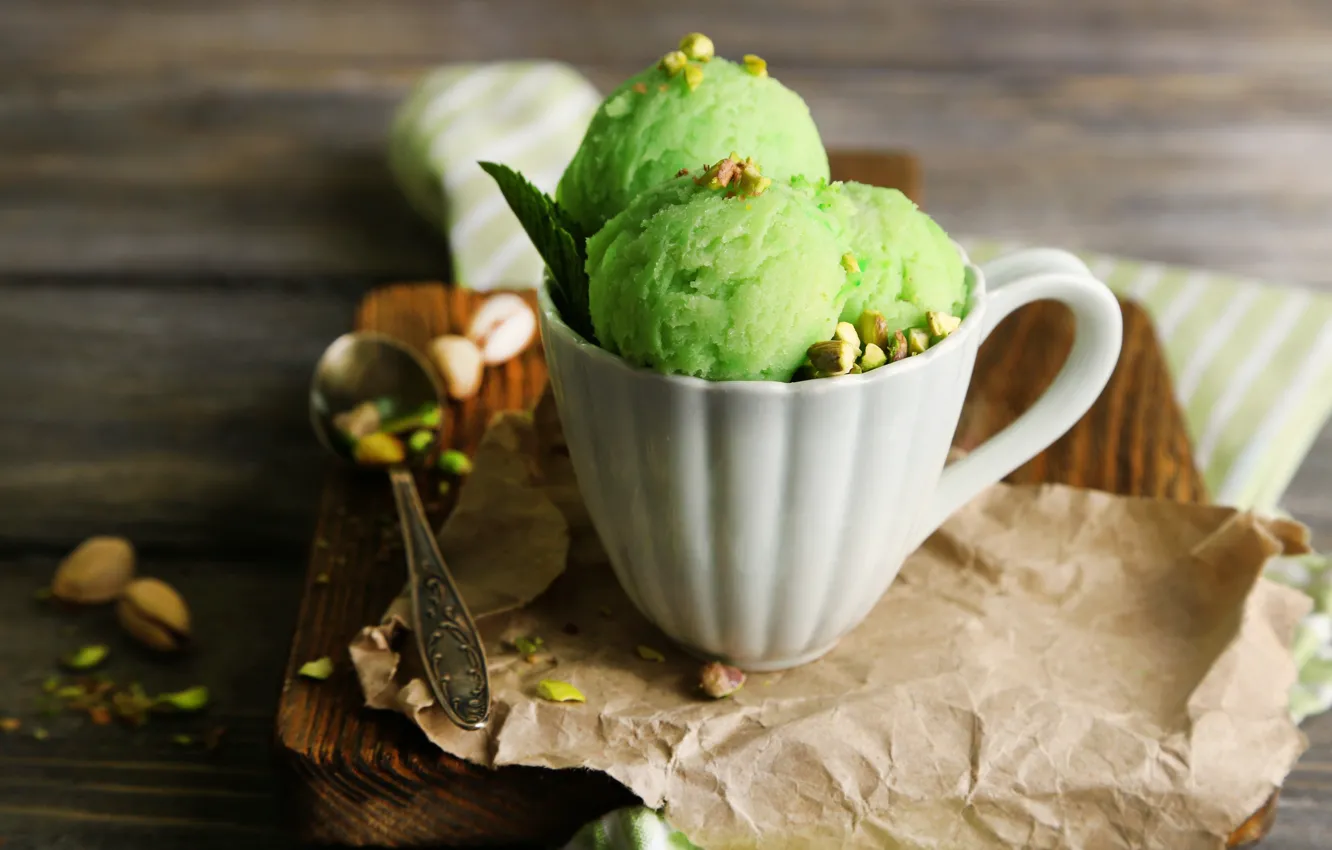 Photo wallpaper spoon, ice cream, Cup, nuts, balls, dessert, wood, napkin