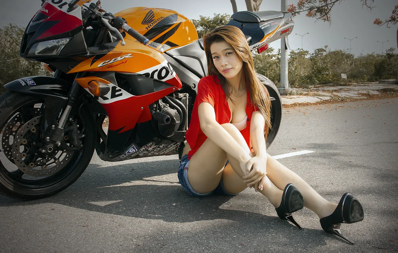 Photo wallpaper look, girl, pose, motorcycle, Asian