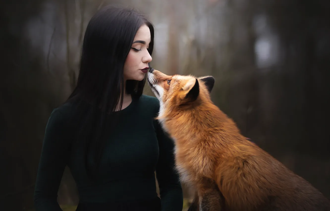 Photo wallpaper girl, kiss, brunette, Fox, red, bokeh