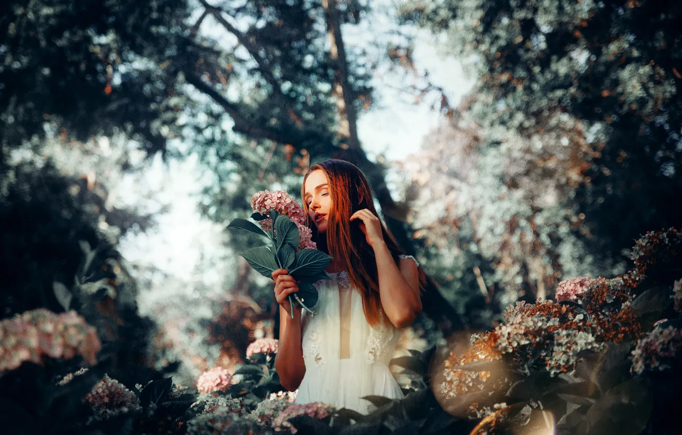 Photo wallpaper girl, flowers, spring
