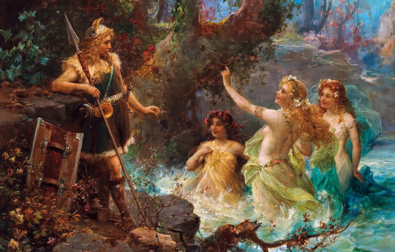 Photo wallpaper water, girl, trees, picture, warrior, male, Hans Zatzka, Austrian artist