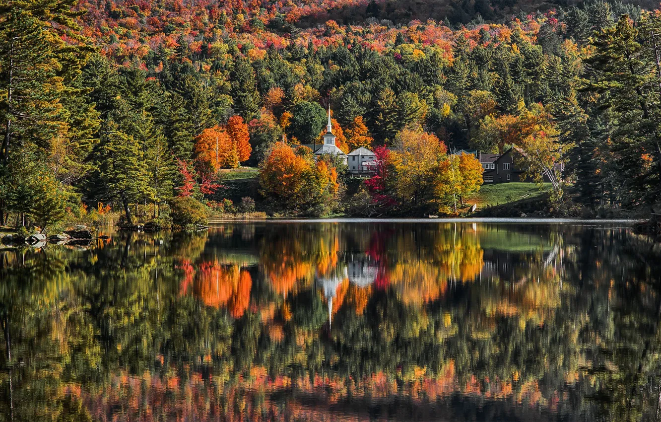Photo wallpaper autumn, forest, reflection, river, Church