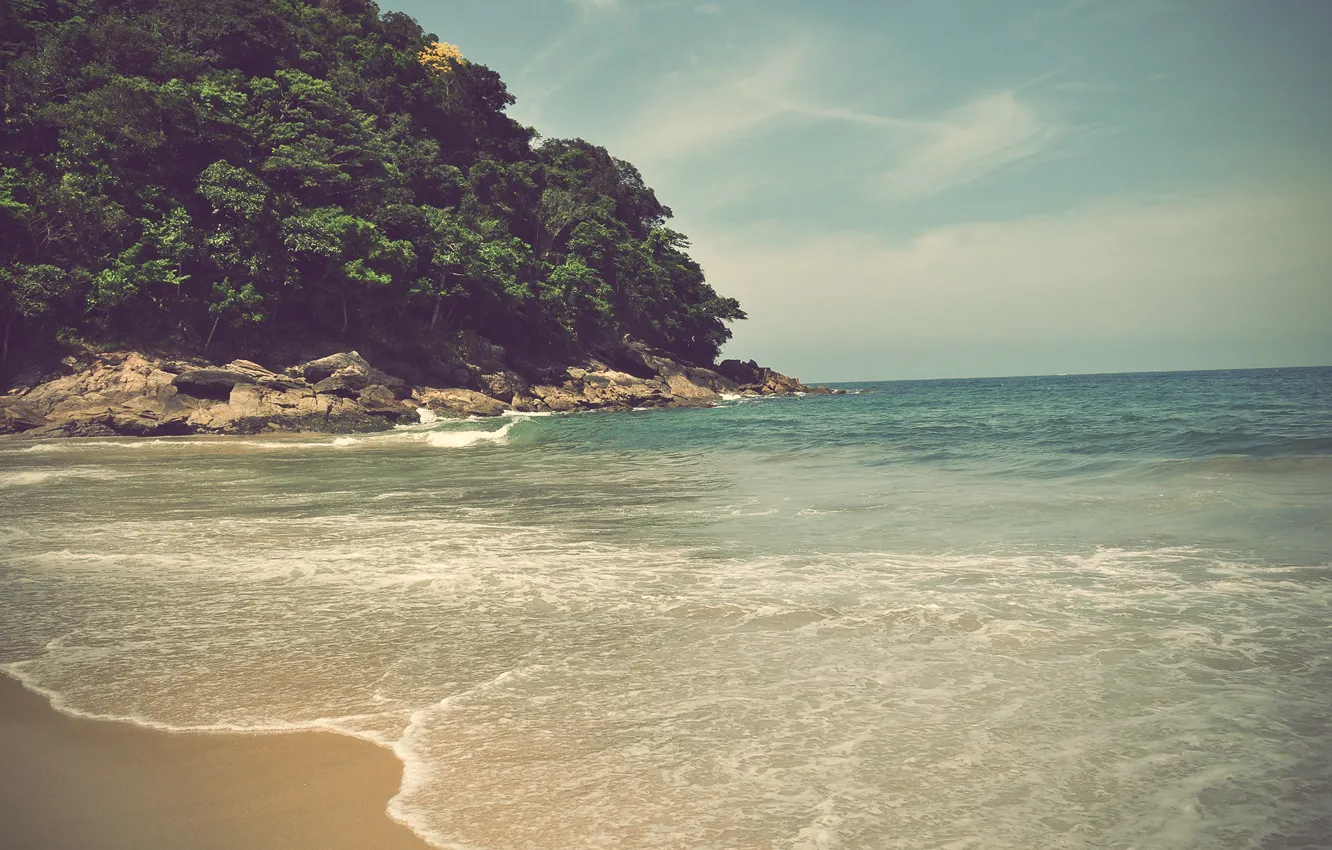 Photo wallpaper sea, wave, summer, the sun, trees, stones, heat, stay