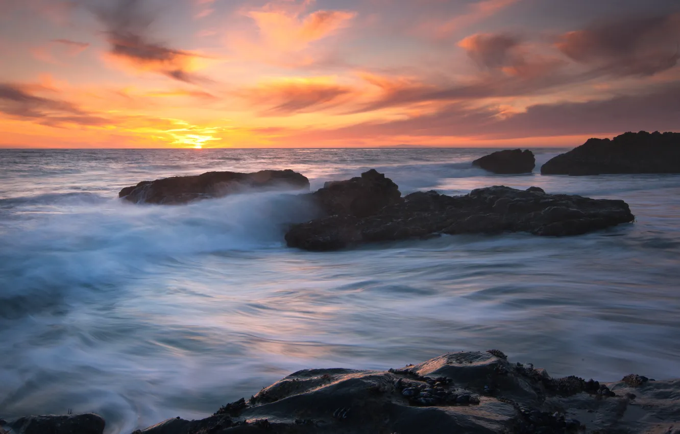Photo wallpaper sea, wave, the sky, the sun, clouds, light, sunset, stones