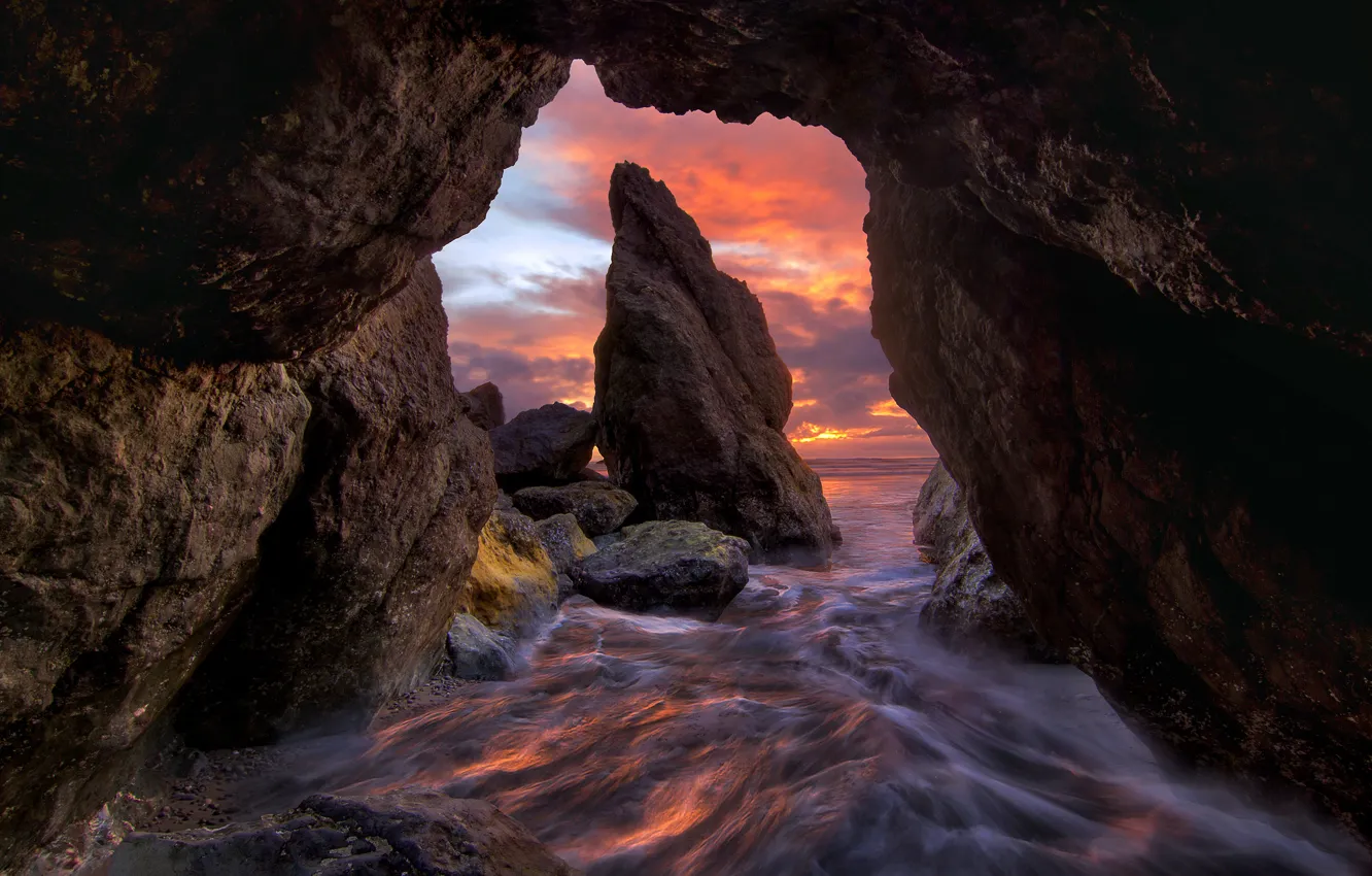 Photo wallpaper sea, sunset, stones, rocks, cave, the grotto