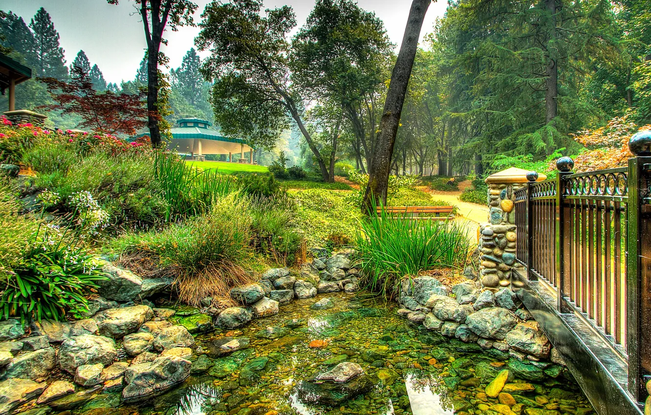 Photo wallpaper the sky, grass, trees, Park, stream, stones, the bridge, alley