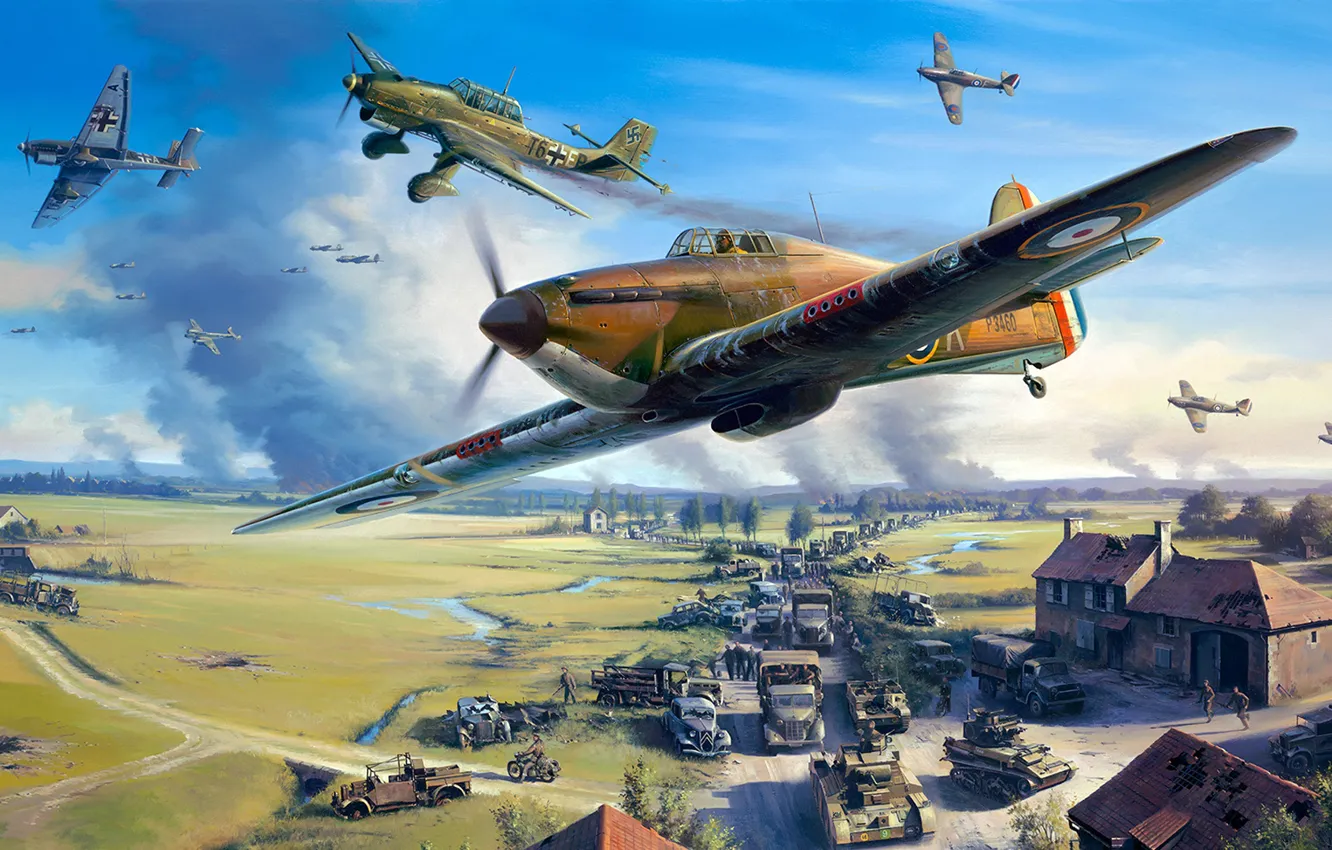 Photo wallpaper Hawker Hurricane, Nicolas Trudgian, British single-seat fighter, Junkers Ju 87, Dunkerque