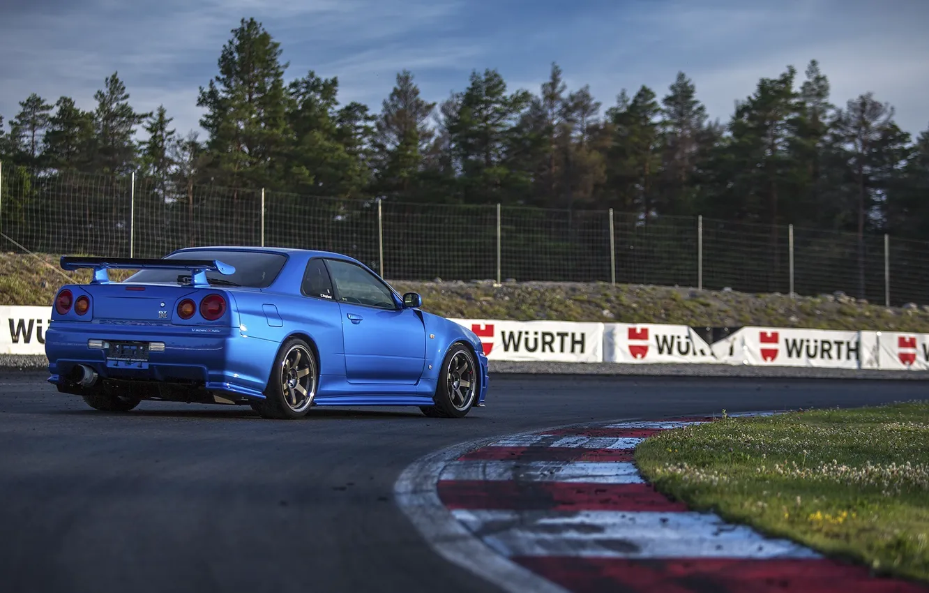 Photo wallpaper Nissan, Car, Blue, Sun, Day, Skyline, R34, Track