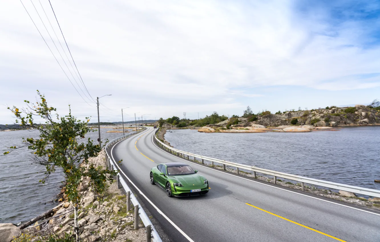 Photo wallpaper road, lake, Porsche, Turbo S, 2020, Taycan