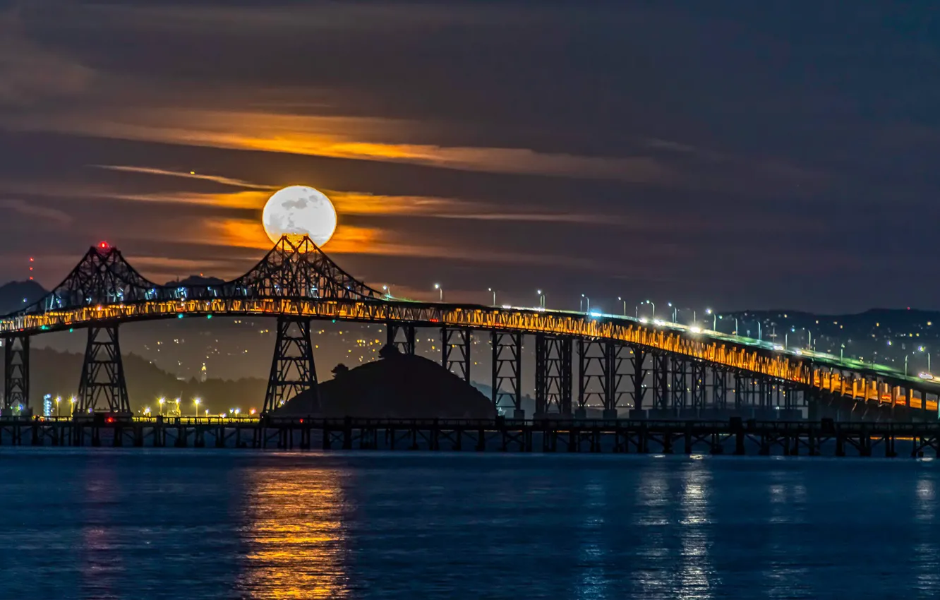 Photo wallpaper water, night, bridge, the moon, CA, Bay, California, San Francisco Bay