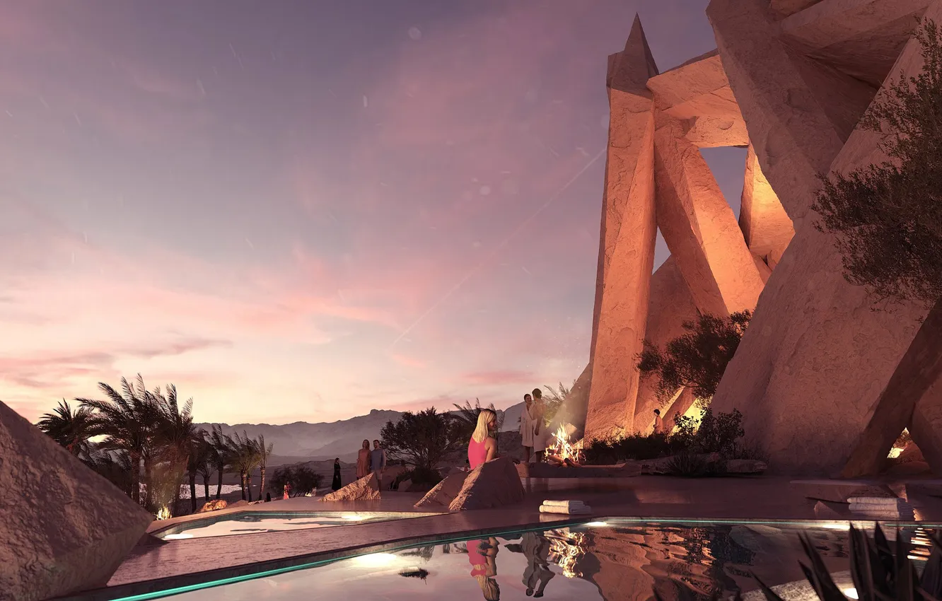 Photo wallpaper sky, sunset, stones, Saudi Arabia, neom, xaynor, ultimate members club