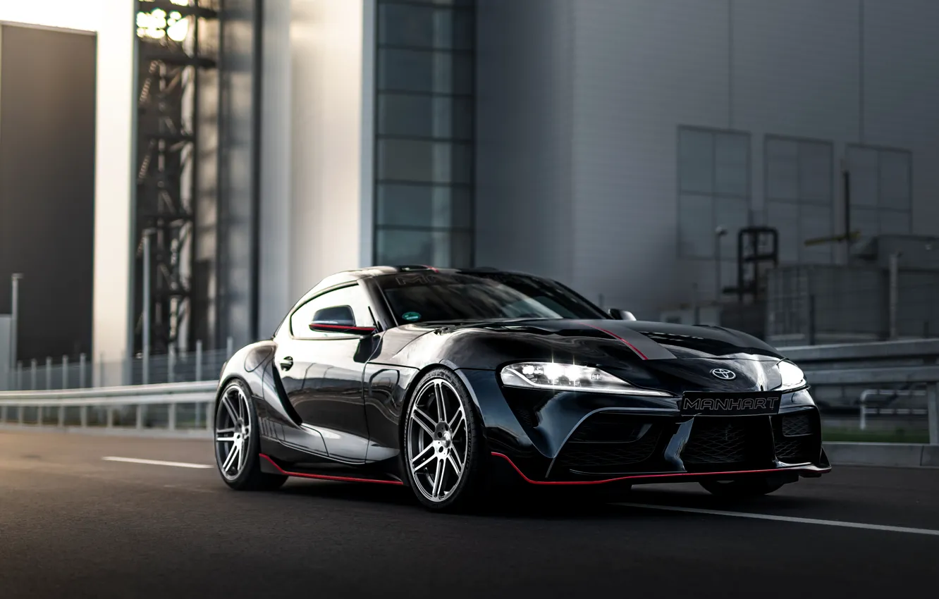 Photo wallpaper asphalt, black, coupe, the fence, Toyota, Supra, the fifth generation, mk5