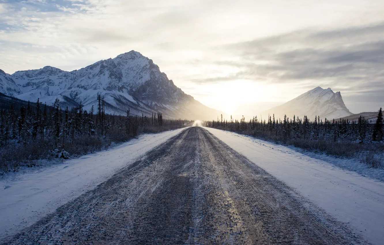 Photo wallpaper road, snow, mountains, morning