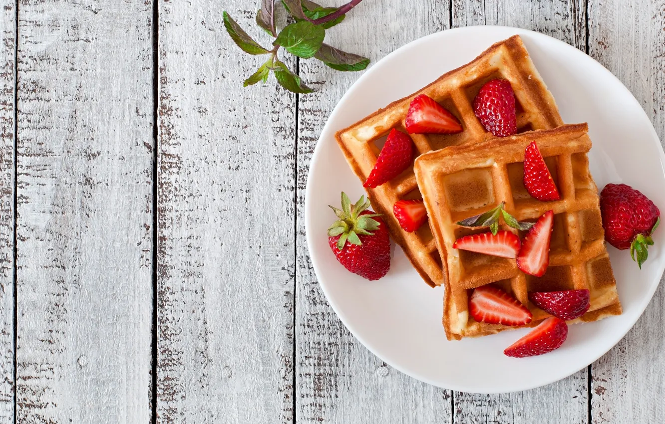 Photo wallpaper berries, Board, strawberry, plate, mint, waffles