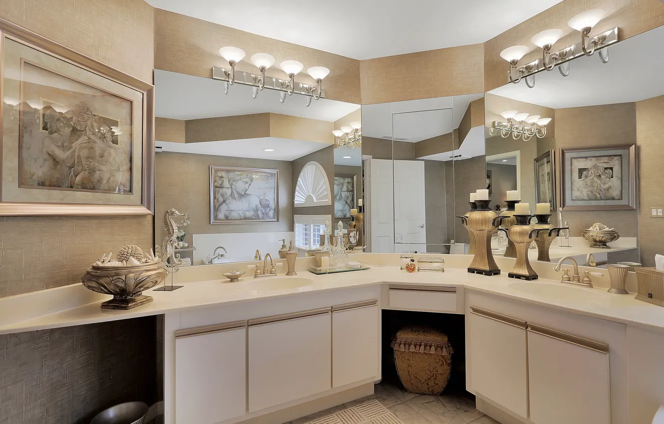 Photo wallpaper design, picture, mirror, bathroom, sink