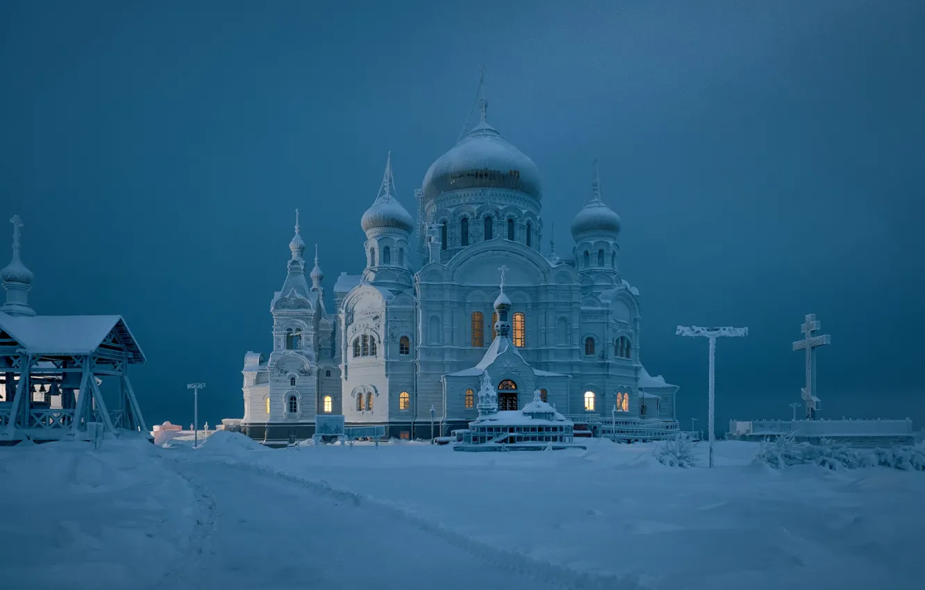 Photo wallpaper winter, snow, cross, temple, Russia, the dome, Perm Krai, White mountain