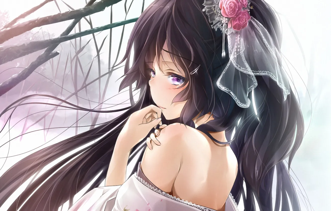 Photo wallpaper girl, flowers, branches, art, kimono, embarrassment, wingheart