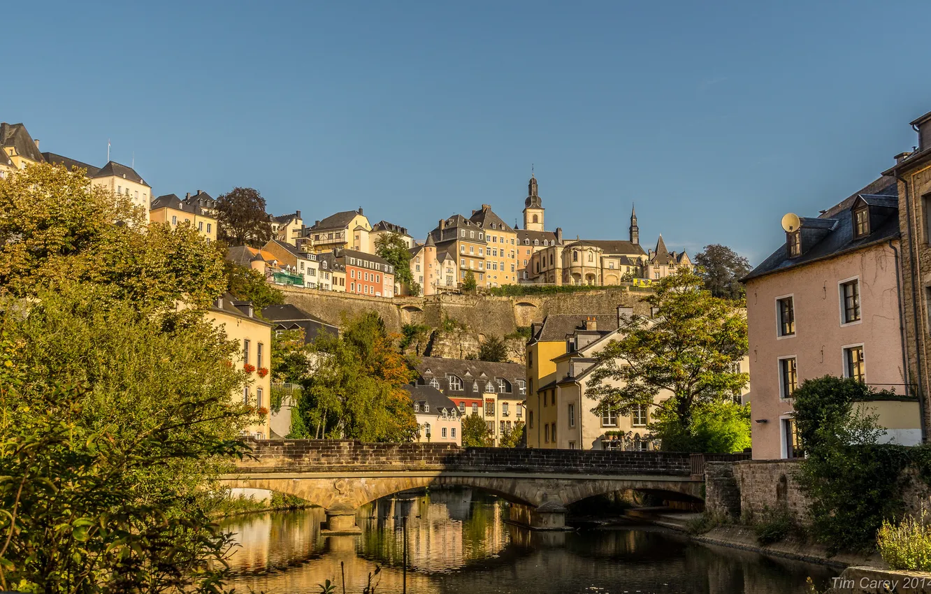 Photo wallpaper the sky, bridge, river, home, slope, Luxembourg, quarter, Reason
