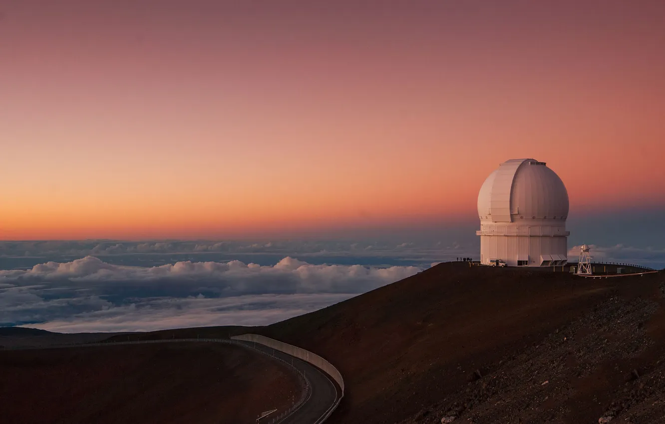 Photo wallpaper road, clouds, landscape, hills, building, the dome, Observatory, Zach