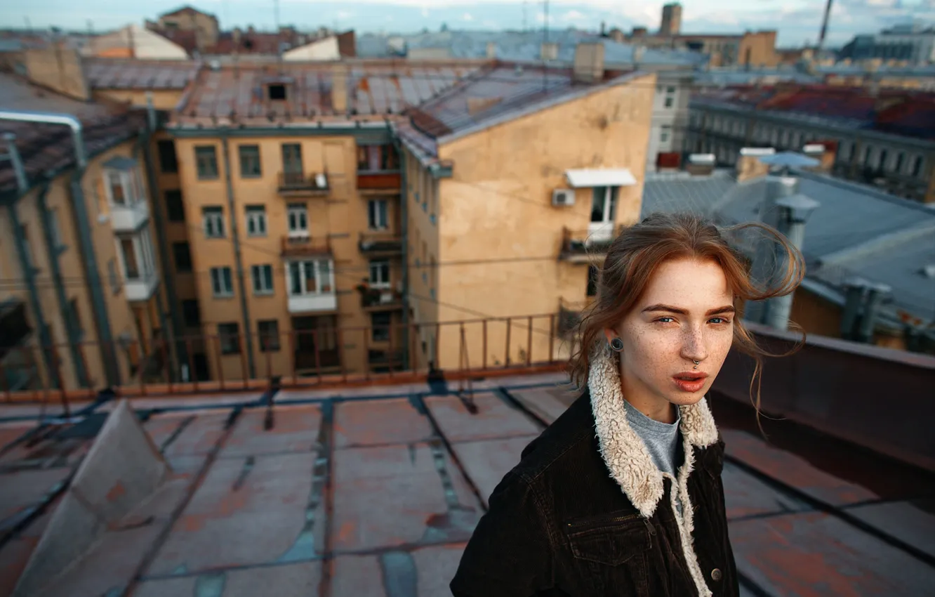 Photo wallpaper girl, piercing, freckles, redhead, on the roof, Roman Filippov