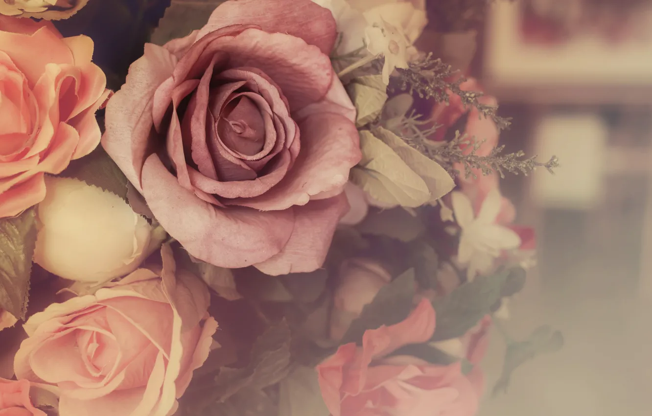 Photo wallpaper roses, bouquet, bokeh