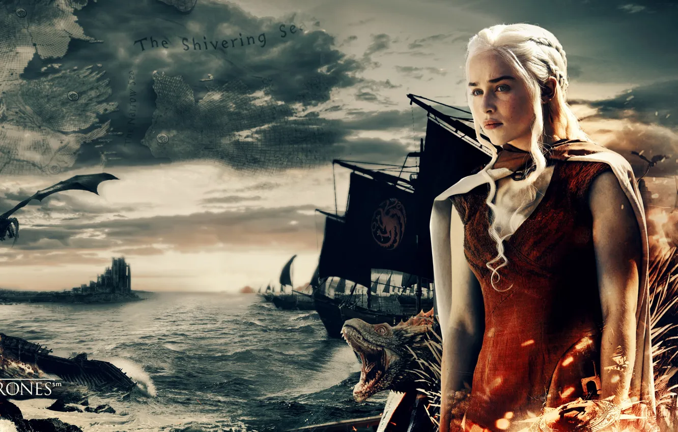 Photo wallpaper sea, war, dragon, map, A Song of Ice and Fire, Game of Thrones, queen, Daenerys …
