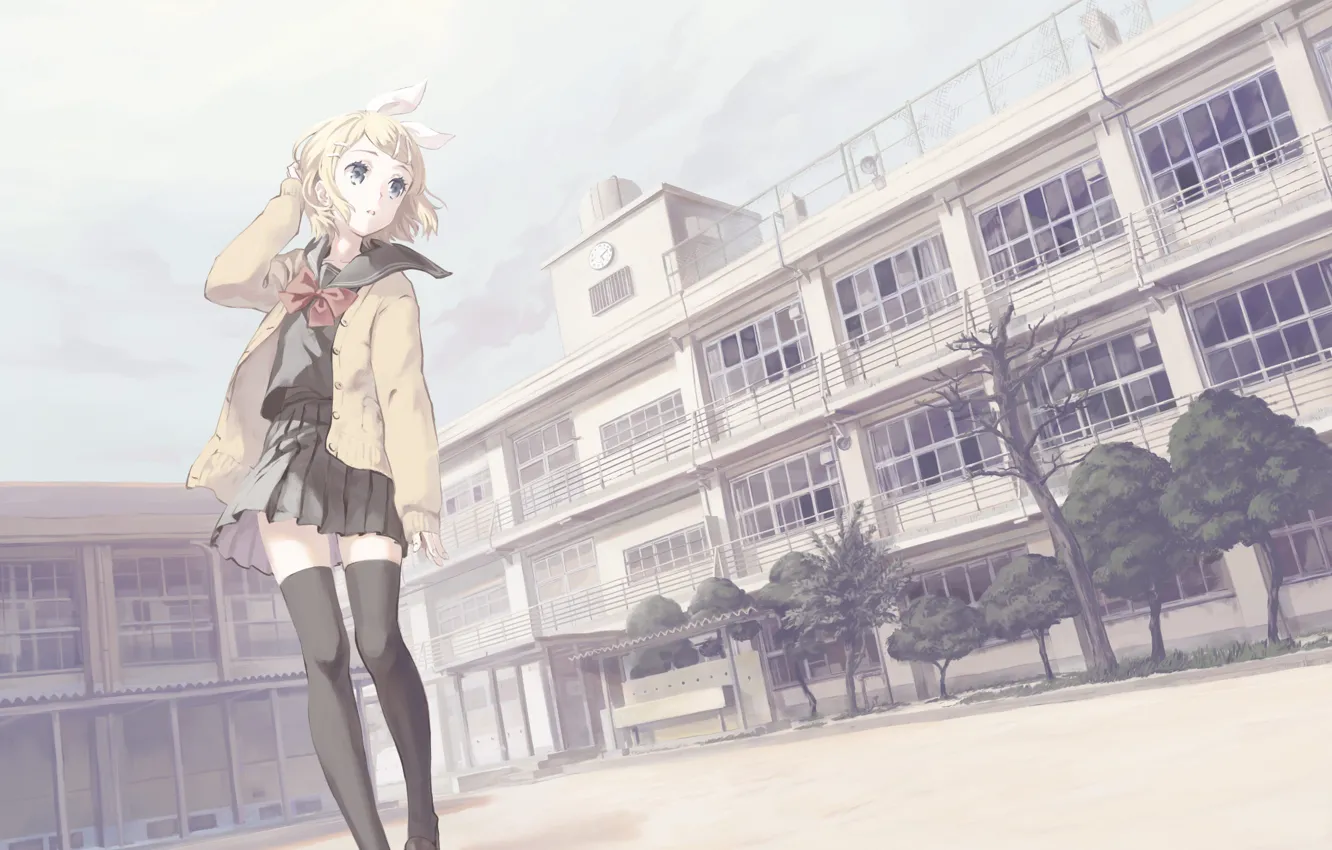 Photo wallpaper the wind, Girl, yard, schoolgirl, vocaloid, school, kagamine rin, Vocaloid