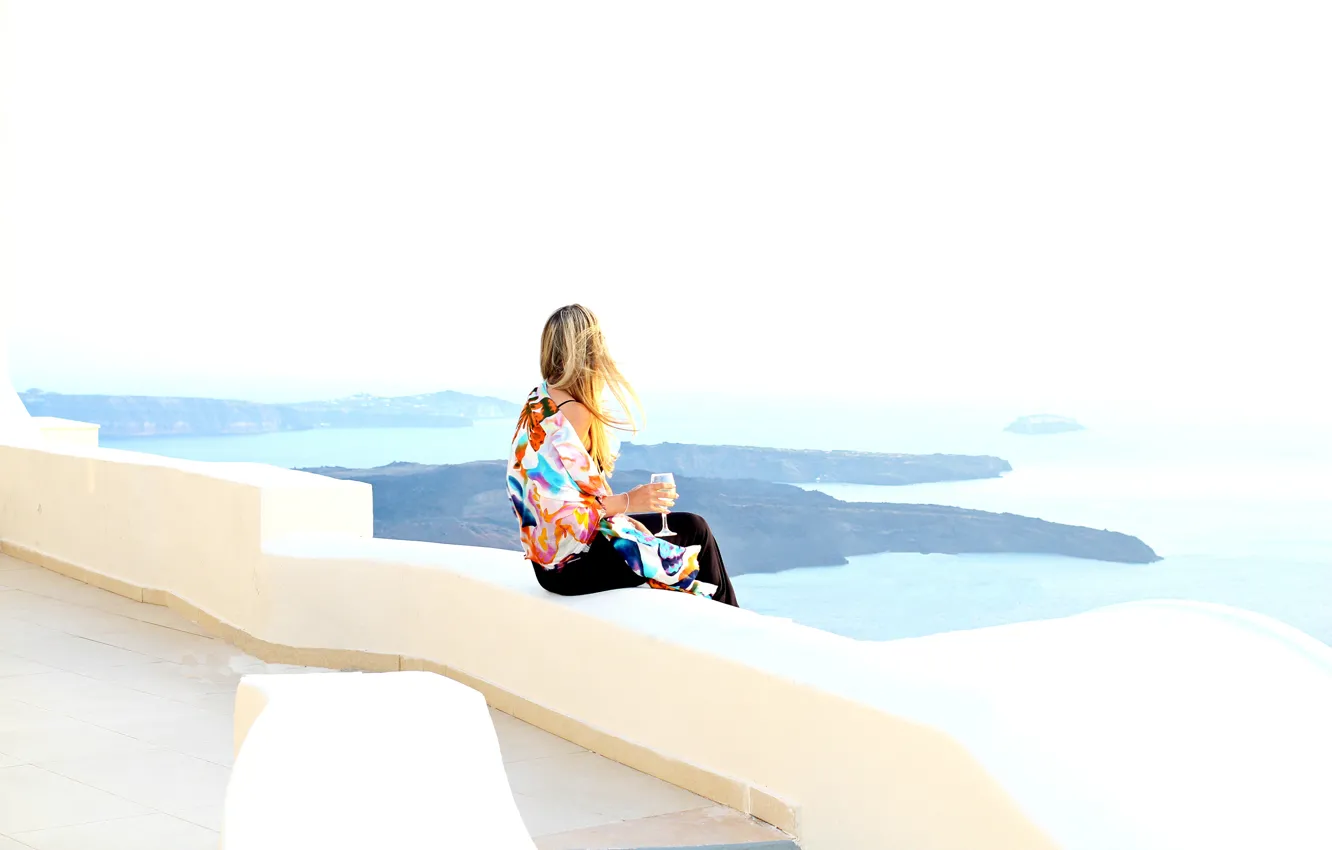 Photo wallpaper sea, girl, hair, glass, view, Santorini, shawl