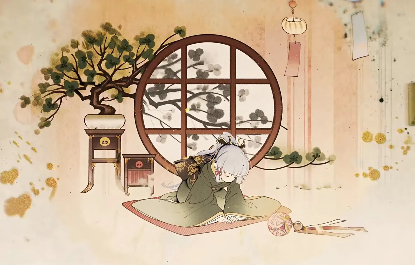 Photo wallpaper Japanese, table, kimono, bonsai, bow, window, silver hair, sitting on my lap
