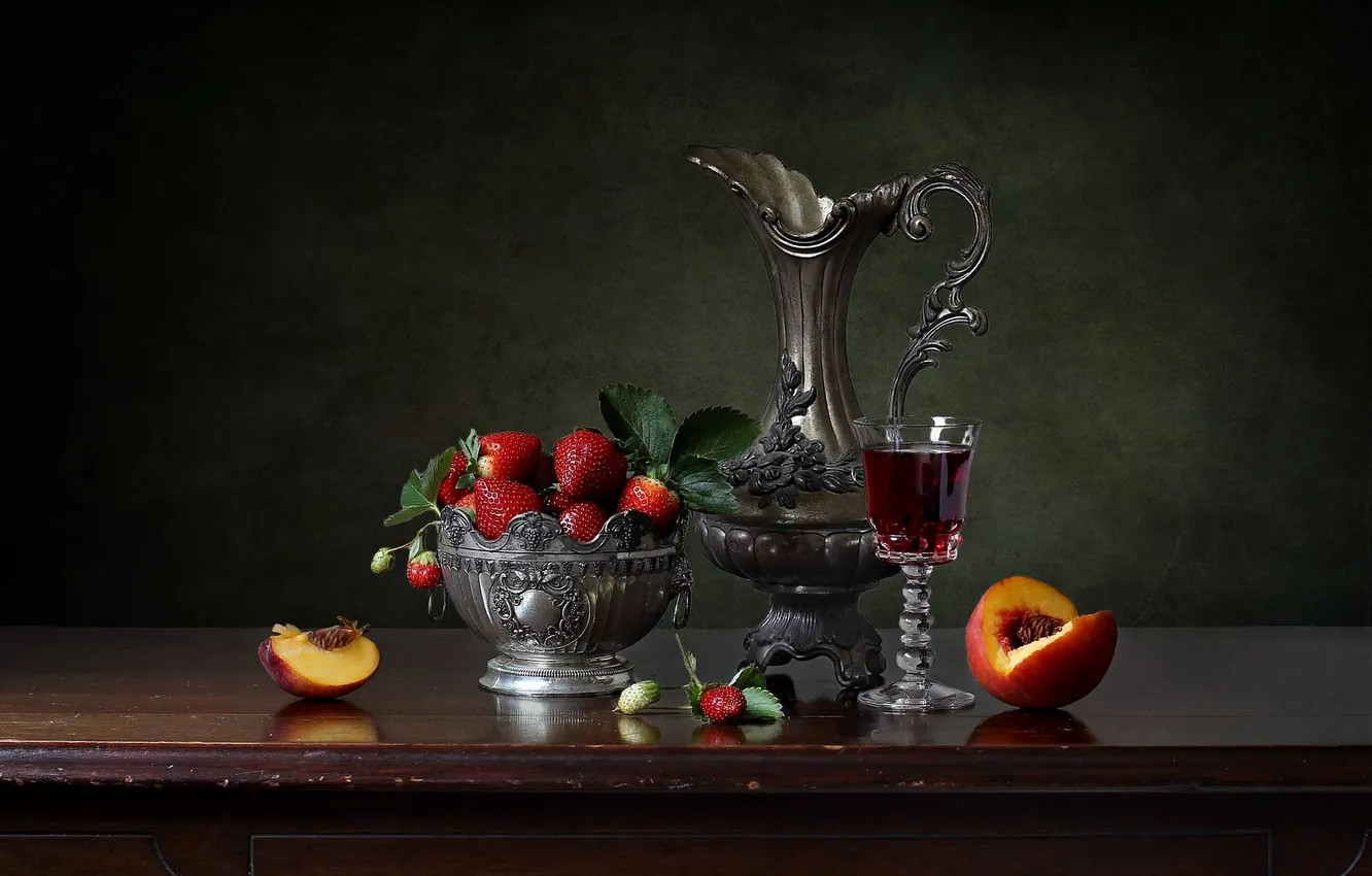 Photo wallpaper style, berries, background, wine, glass, strawberry, pitcher, still life