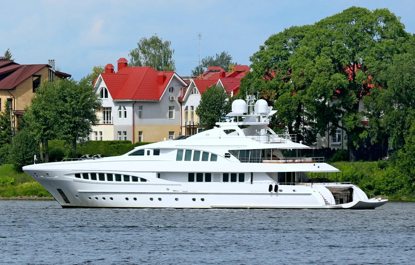 Photo wallpaper the sky, river, shore, yacht