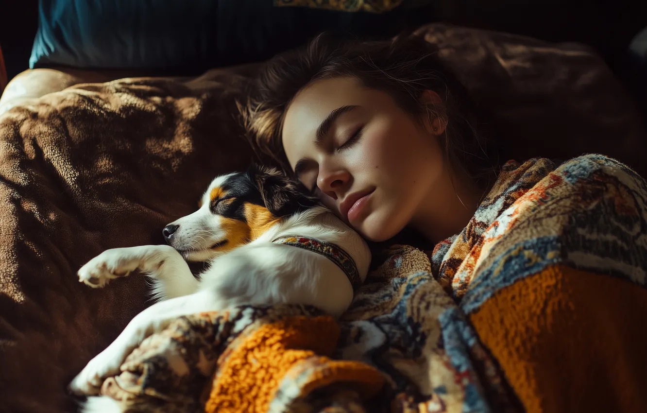 Photo wallpaper girl, sleep, dog, sleeping, bed, lies, AI art, neural network