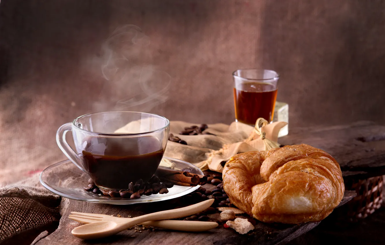 Photo wallpaper tea, coffee, cinnamon, coffee beans, croissant