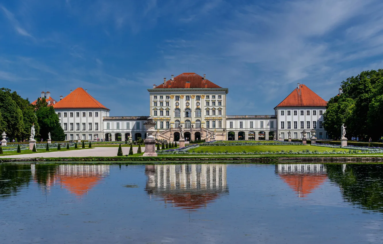 Photo wallpaper pond, Park, reflection, Germany, Munich, Bayern, statues, Germany