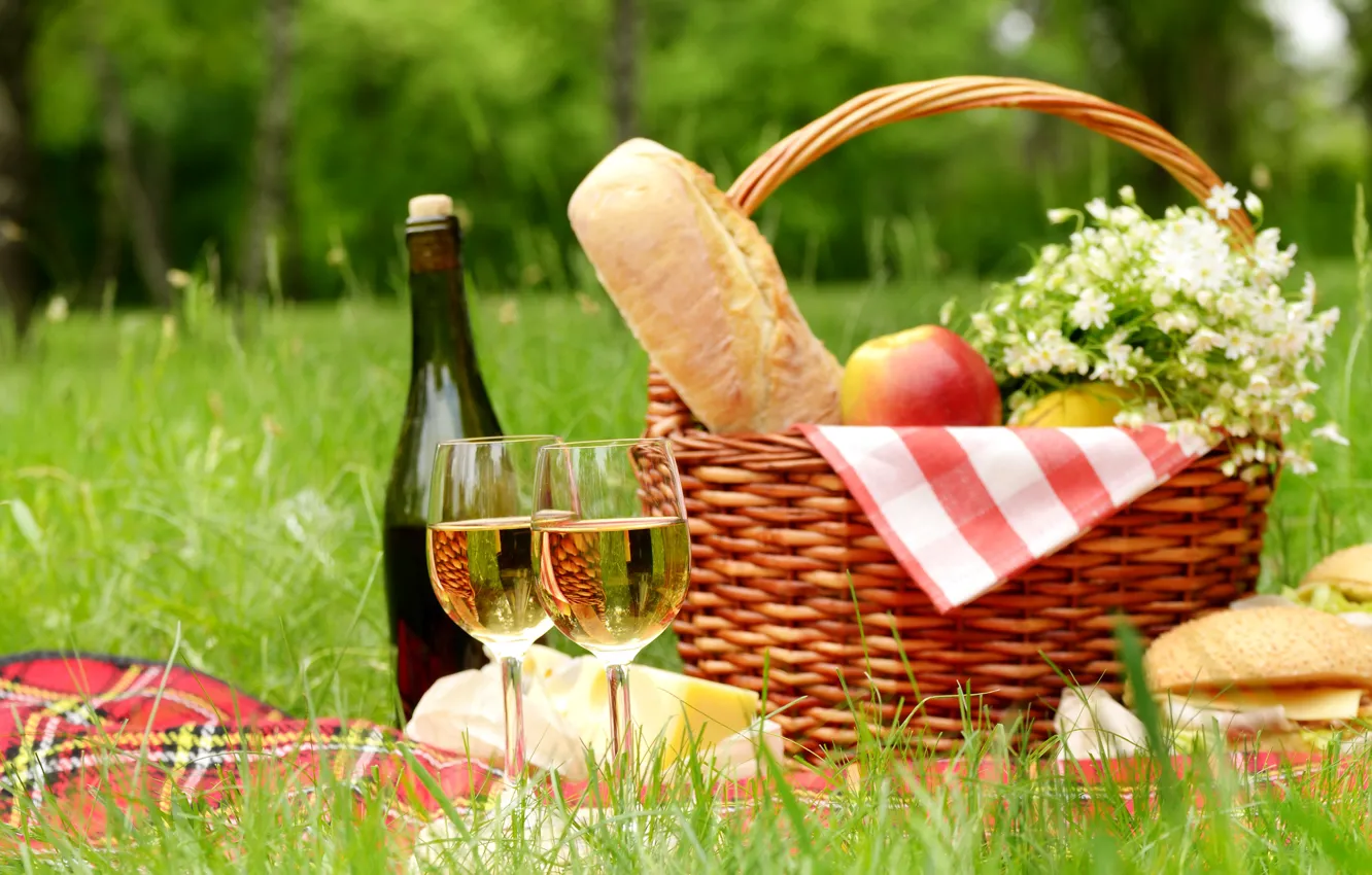 Photo wallpaper greens, forest, grass, trees, flowers, nature, wine, basket