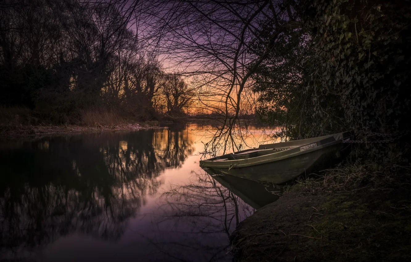 Photo wallpaper sunset, river, boat