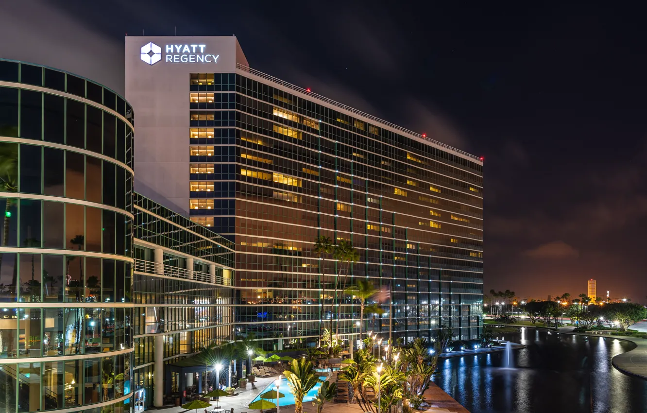 Photo wallpaper night, lights, palm trees, building, pool, lights, CA, channel