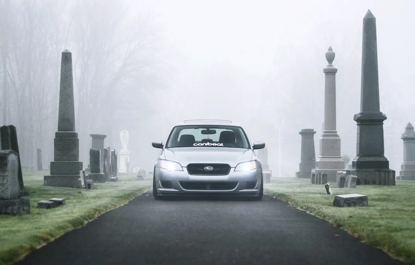 Photo wallpaper fog, cemetery, subaru, Subaru, fog, legacy, legacy