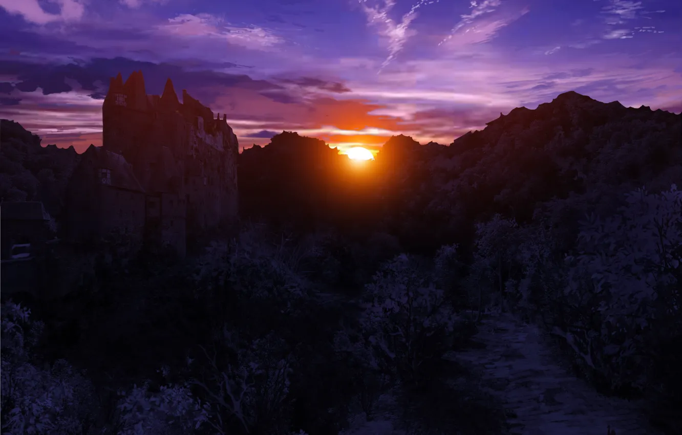 Photo wallpaper sunset, mountains, castle