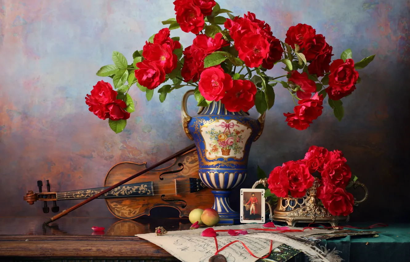 Photo wallpaper flowers, style, violin, roses, red, vase, still life, Andrey Morozov