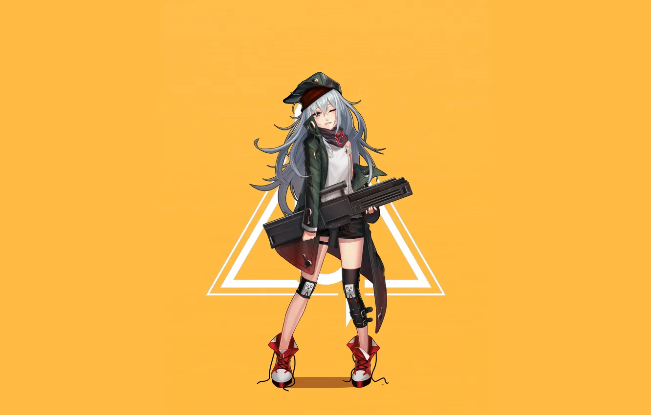 Photo wallpaper girl, weapons, anime, art, cap, yellow background, knee pads, Girls Frontline