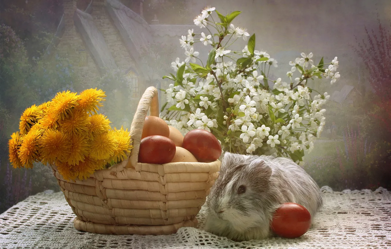 Photo wallpaper animals, flowers, eggs, spring, Easter, composition, April, Guinea pigs
