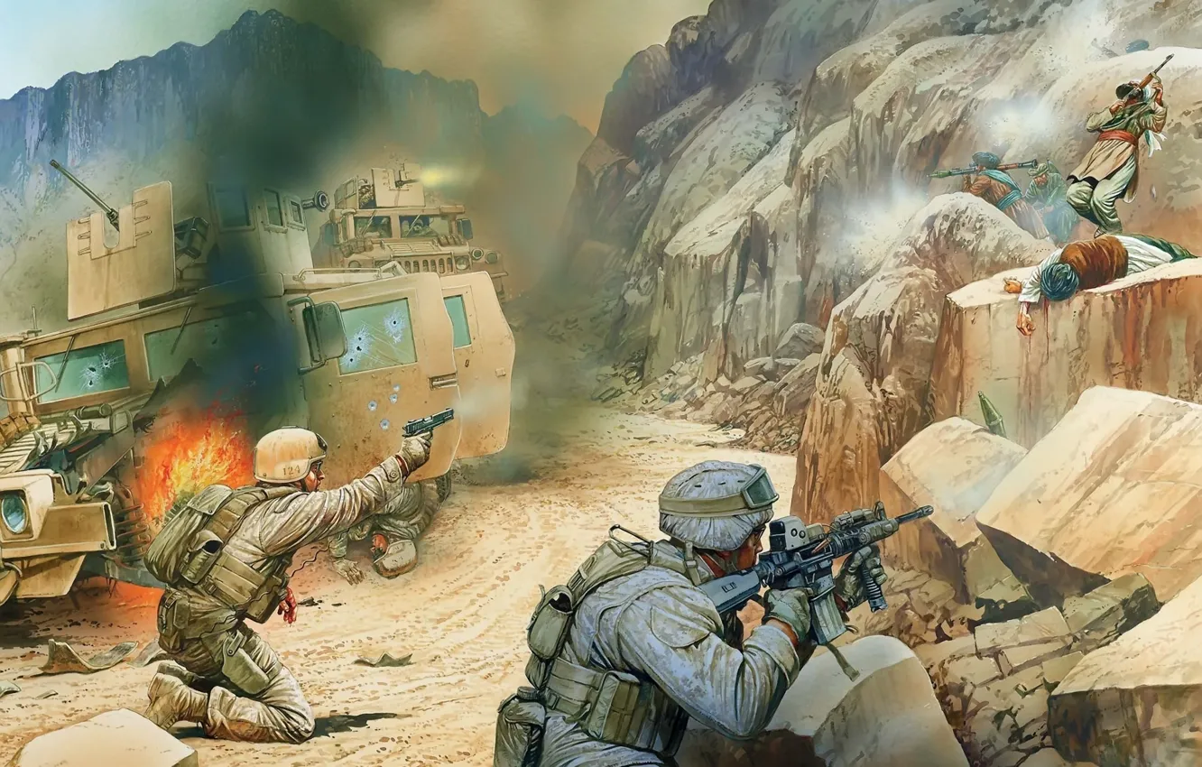 Photo wallpaper road, mountains, weapons, art, ambush, soldiers, shooting, car