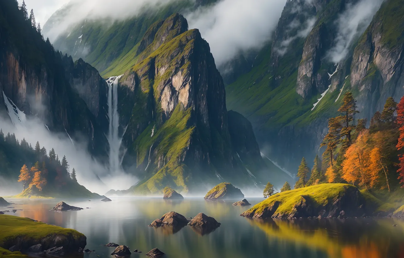 Photo wallpaper art, mountains, lake