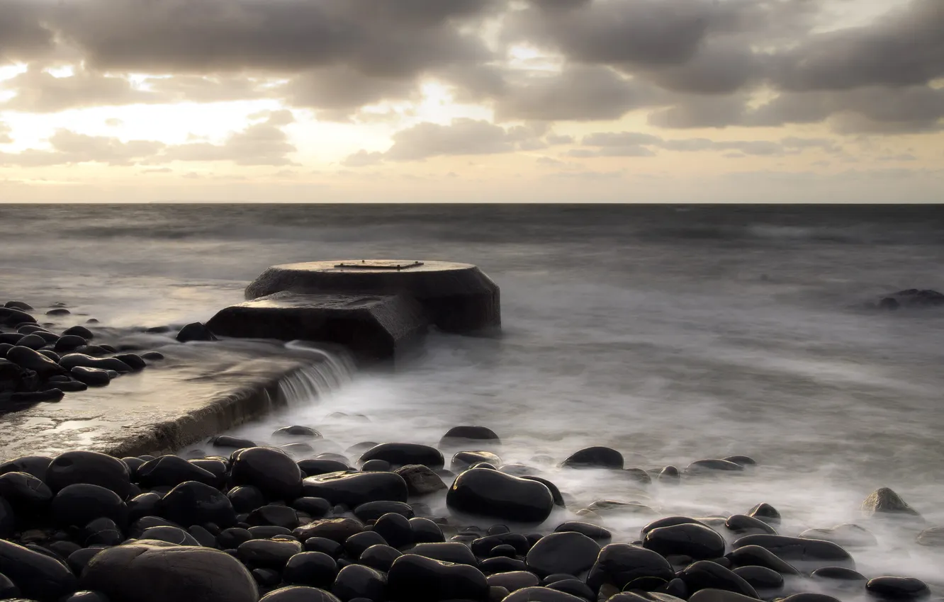 Photo wallpaper sea, landscape, night, stones