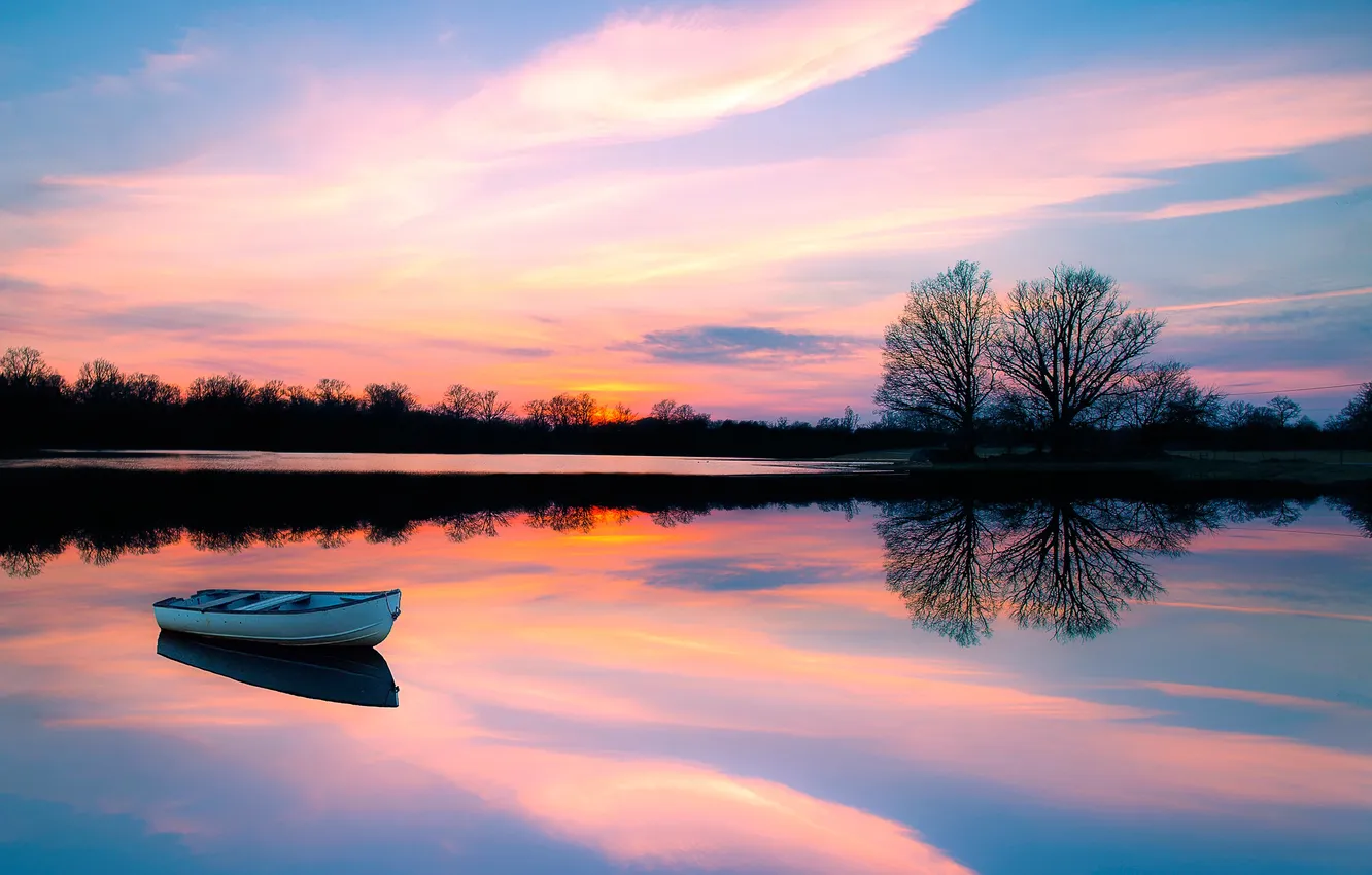 Photo wallpaper sunset, reflection, boat